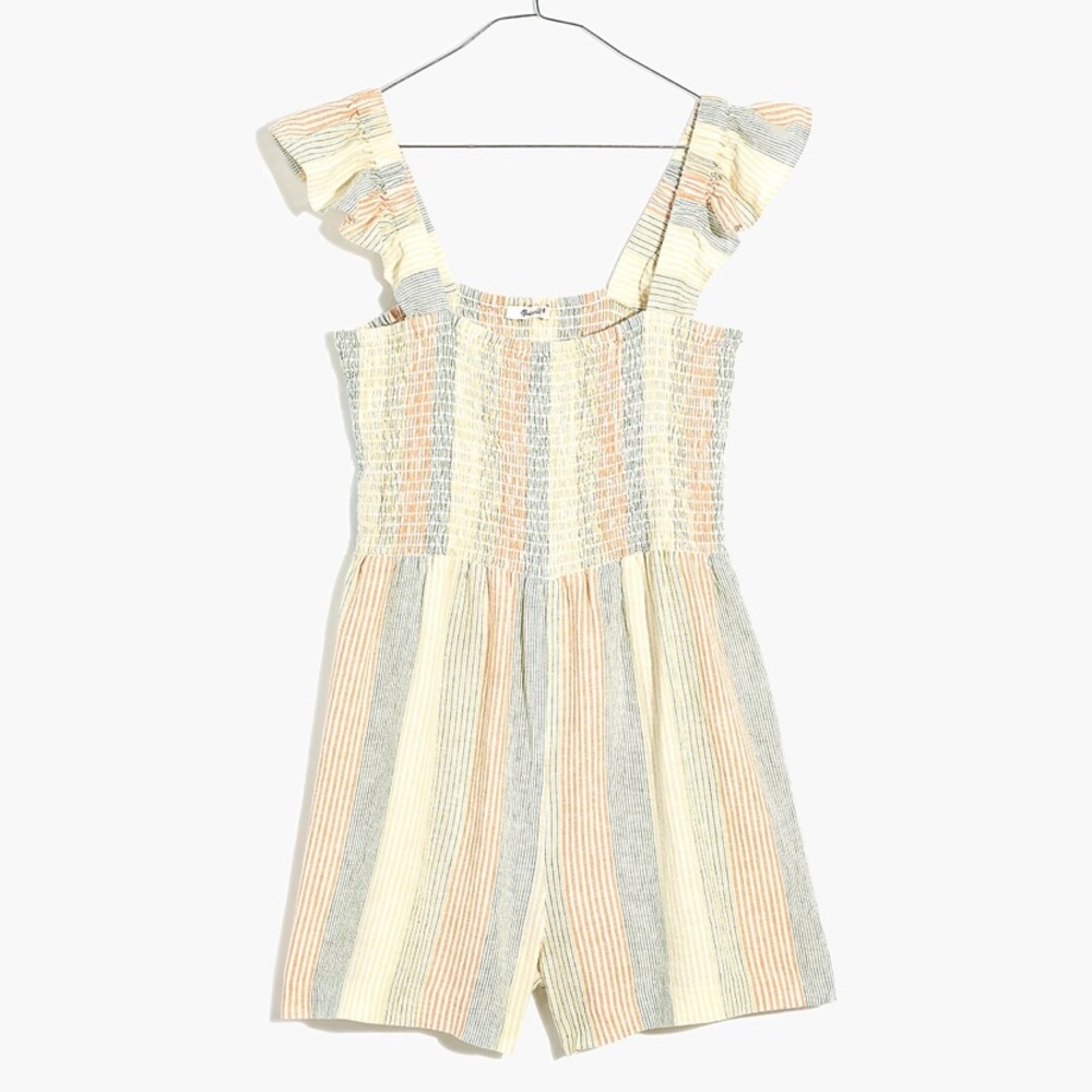 Madewell Cream, Light Blue & Pale Orange Striped Smocked Jumpsuit Romper